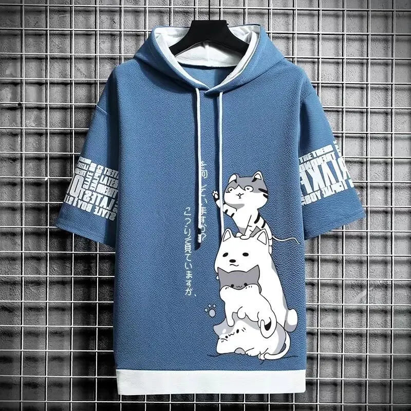 Men's Short-Sleeve Hoodie with Adorable Cartoon Cat Print, Adjustable Drawstring, and Stylish Text Details on Sleeves for Casual Wear