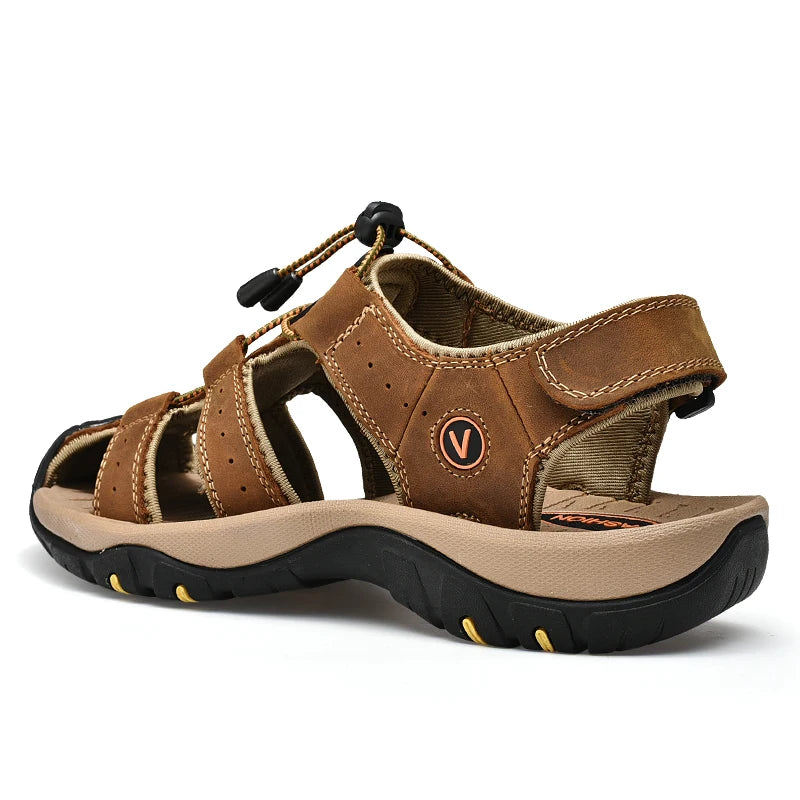 Men's Genuine Leather Outdoor Sandals with Adjustable Straps and Anti-Slip Sole