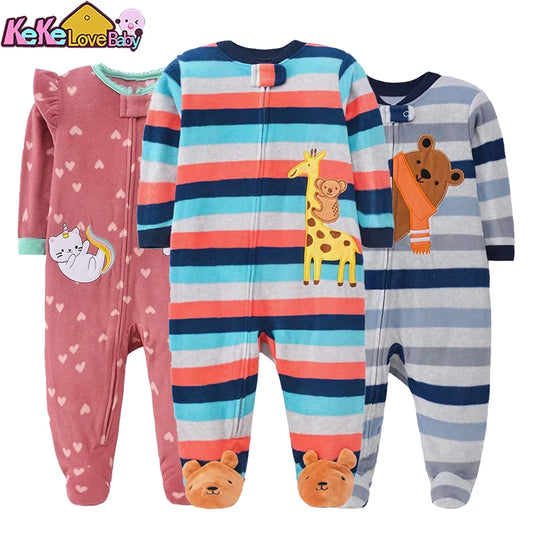 Cozy Fleece Baby Onesies with Adorable Animal Embroidery and Playful Stripes - Soft and Warm Footed Pajamas for Newborns and Infants - Ideal for Sleep and Playtime