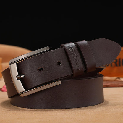 Men's Genuine Leather Belt with Embossed Branding and Durable Metal Pin Buckle for Casual and Formal Wear