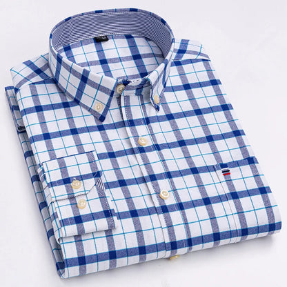 Premium Cotton Button-Down Oxford Shirt with Striped Collar Detail, Long Sleeves, and Classic Chest Pocket Design for Men.