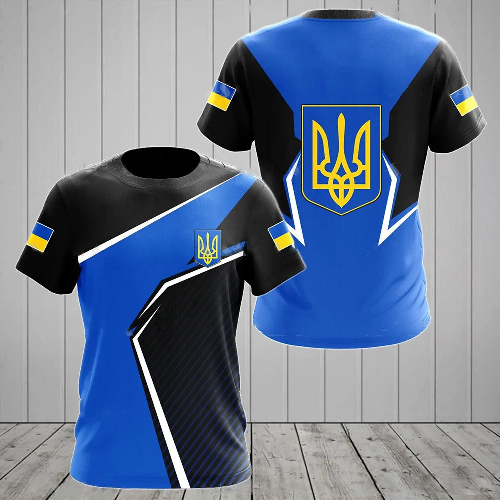 Men's Short Sleeve T-Shirt with Ukrainian Emblem and Flag Design, Featuring Military-Inspired Aesthetics and Patriotic Details