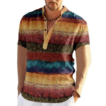 Men's short sleeve V-neck shirt with bold geometric patchwork design for a stylish and unique casual look