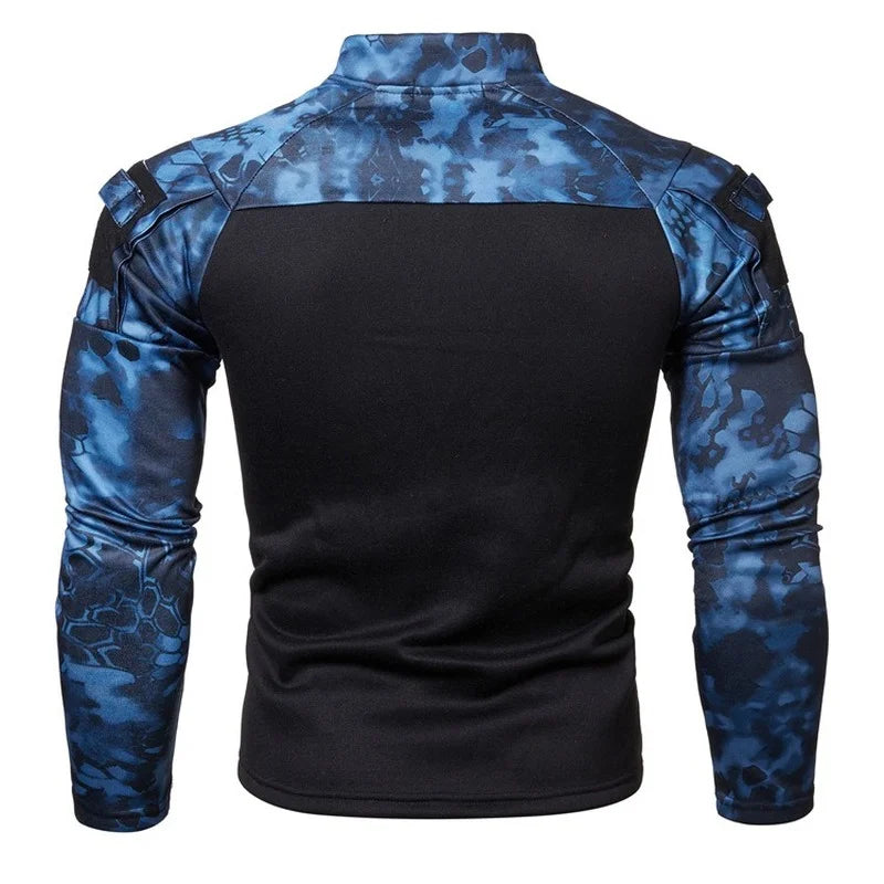 Men's Tactical Long-Sleeve Camouflage Combat Shirt with Quarter-Zip Closure