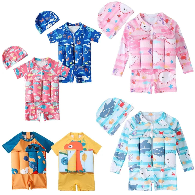 Children’s Swimwear Set with Built-in Floatation and Matching Swim Cap – Adorable and Safe Beach Outfit for Boys and Girls