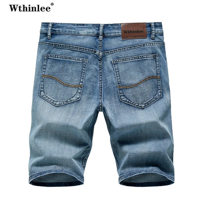 Men's Denim Shorts with Decorative Stitching and Back Pockets, Knee-Length Casual Fit