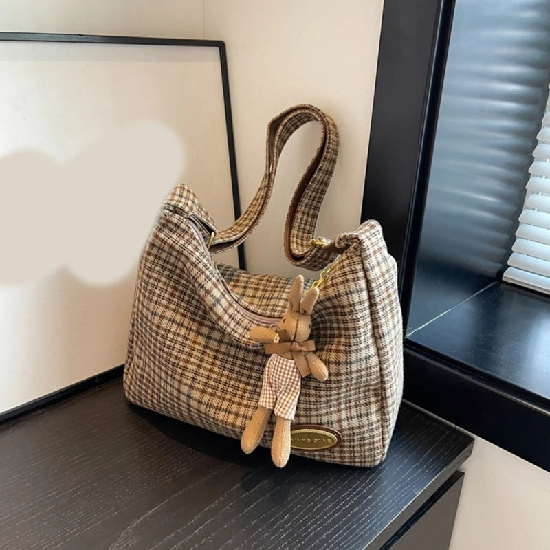 Vintage-Inspired Plaid Shoulder Bag with Plush Bear Charm and Spacious Interior