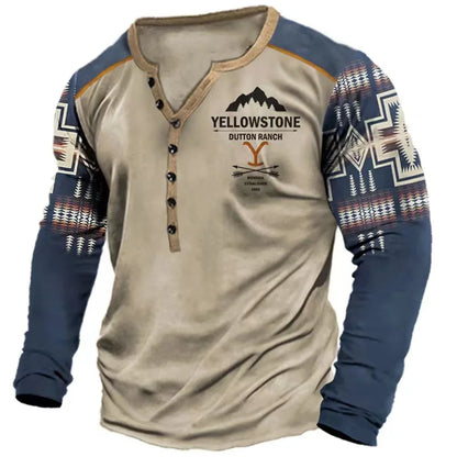 Men's Long Sleeve Button-Up Henley Shirt with Tribal Print and Yellowstone Dutton Ranch Logo