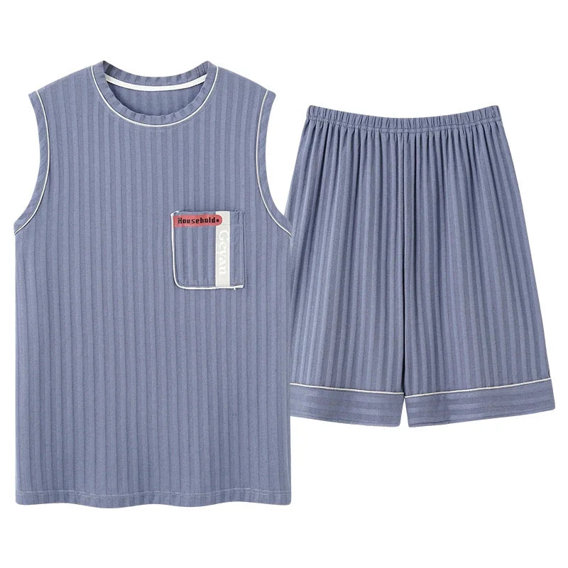 Men's Striped Short and Long Sleeve Pajama Set with Chest Pocket and Contrast Piping for Versatile Sleepwear Options