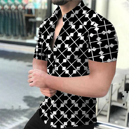 "Men's Short Sleeve Button-Up Shirt with Modern Geometric Print and Slim Fit Design"