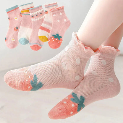 Set of Adorable Girls' Lace Trim Socks with Floral Patterns – Soft and Comfortable for Everyday Wear