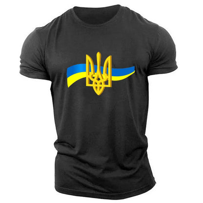 Men's Short Sleeve T-Shirt with Ukrainian Emblem and Flag Design, Featuring Military-Inspired Aesthetics and Patriotic Details