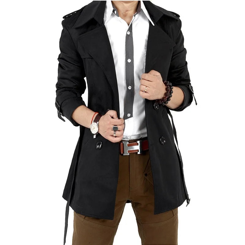 Men's Slim-Fit Double-Breasted Trench Coat with Epaulets and Adjustable Cuffs for a Sophisticated, Modern Look