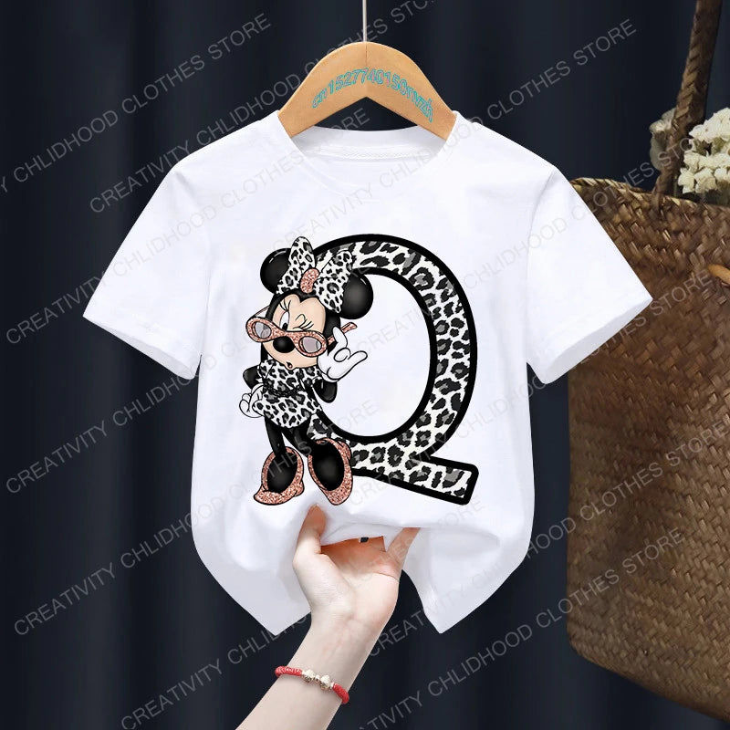 Minnie Mouse Leopard Print Alphabet Graphic T-Shirt for Kids – Trendy and Fun Summer Wear