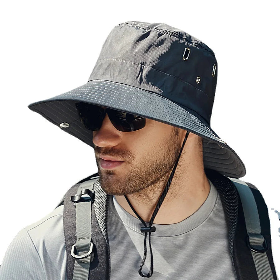 Wide-Brim Waterproof Outdoor Sun Hat with Adjustable Chin Strap and UPF Protection for Hiking and Adventure