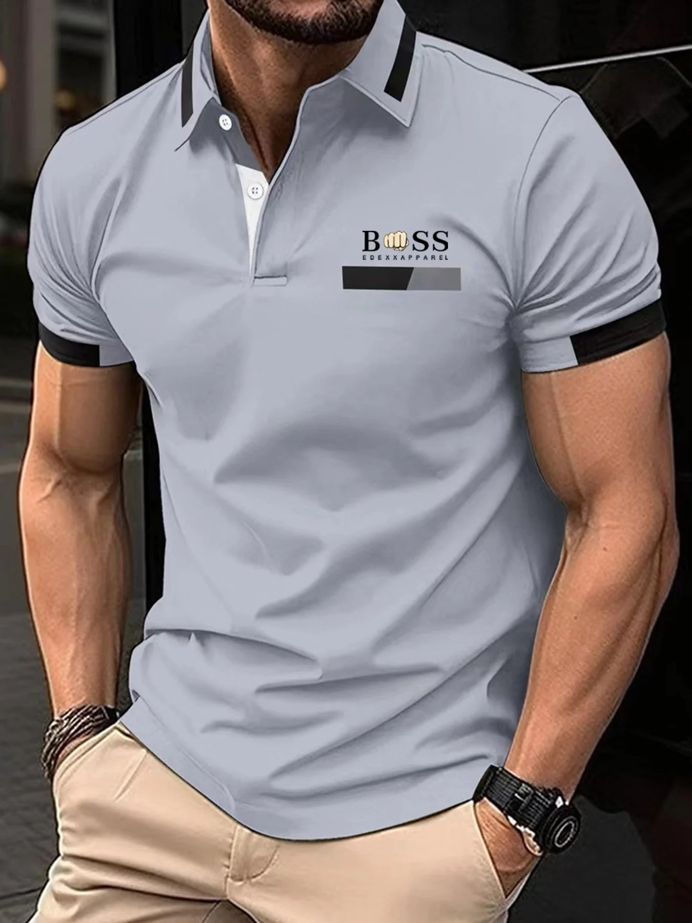 Men's Slim Fit Polo Shirt with Plaid Accent on Sleeves and Collar for a Stylish Casual Look