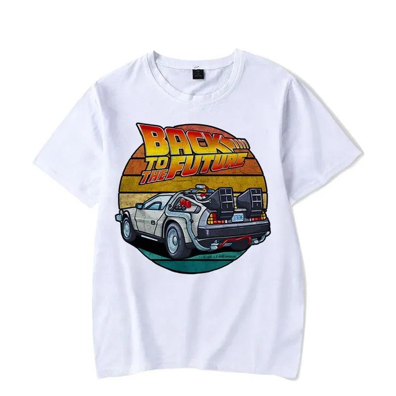 Men's Short Sleeve Retro Graphic T-Shirt Featuring Iconic Car Design and Nostalgic "Back to the Future" Theme