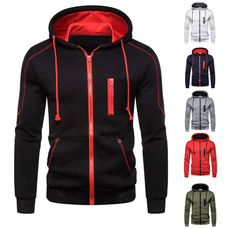 Men's Full-Zip Athletic Hoodie with Contrast Stitching and Multiple Color Options, Featuring Adjustable Drawstring Hood and Zippered Pockets for Sports and Casual Wear