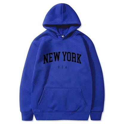 New York USA Graphic Hoodie with Kangaroo Pocket and Ribbed Cuffs for Urban Casual Style