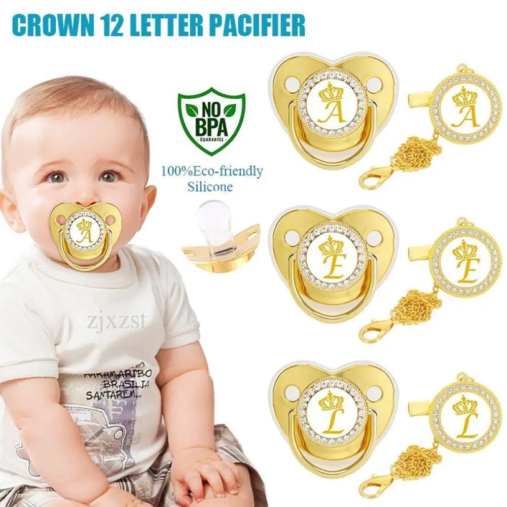 Luxury Personalized Crown Baby Pacifier with Matching Rhinestone Clip Set - Eco-Friendly Silicone, BPA-Free, Customizable with Initials, Ideal for Babies and Toddlers