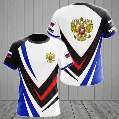 Men's Short Sleeve T-Shirt with Russian Coat of Arms and Flag Design, Customizable Name Option, and Military-Inspired Graphics