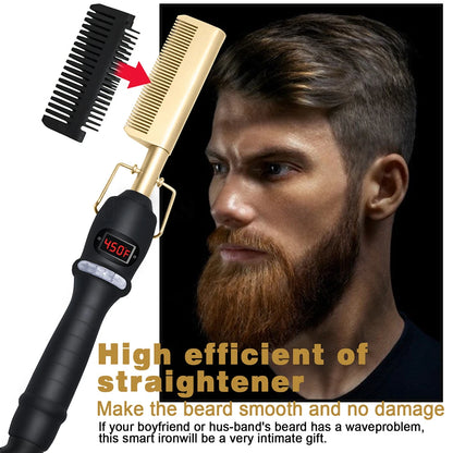 3-in-1 Hair Straightening and Curling Comb with Digital Temperature Display and Multi-Functional Design for Sleek, Curly, or Groomed Beard Styling