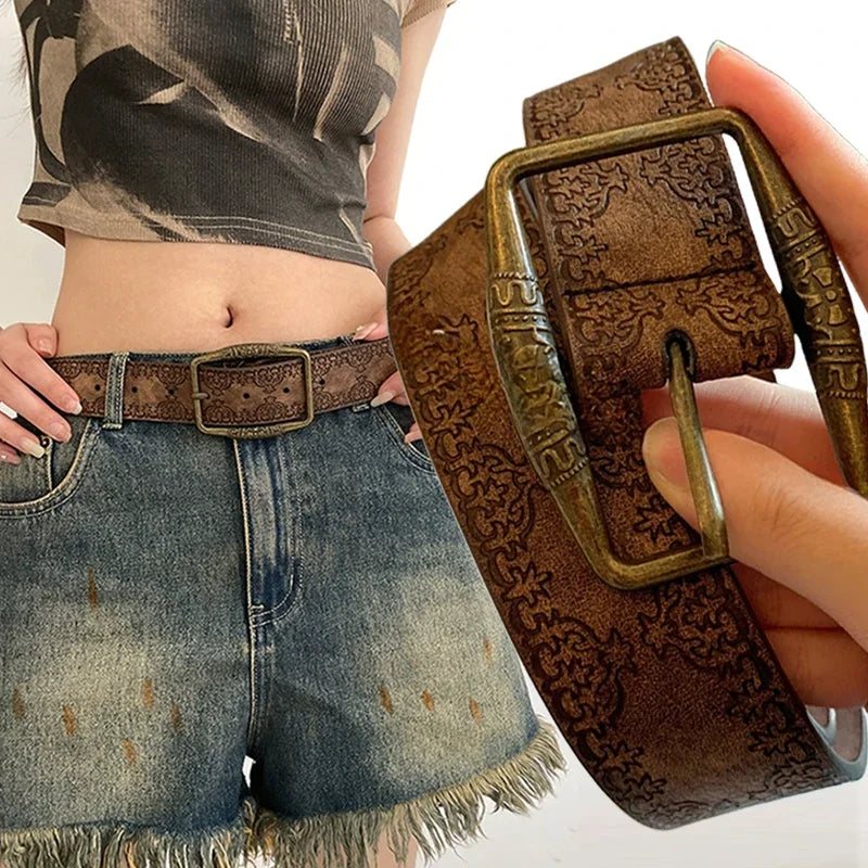 Vintage Western Style Leather Belt with Engraved Buckle and Floral Embossed Design for Women