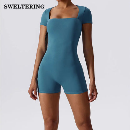 Women's Short-Sleeve Square Neck Fitness Romper with Body-Hugging Design for Yoga and Workout