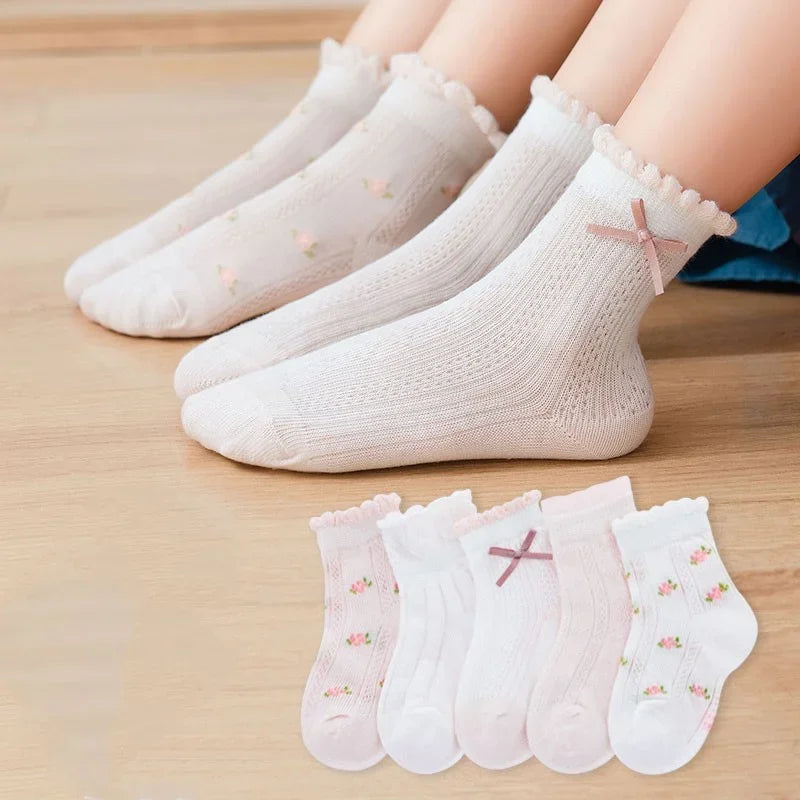 Set of Adorable Girls' Lace Trim Socks with Floral Patterns – Soft and Comfortable for Everyday Wear