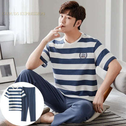 Men's Casual Short Sleeve T-Shirt with Chest Pocket Detail and Matching Plaid Lounge Pants Set for Relaxed Home Wear