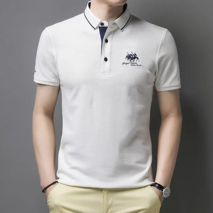 Men's Polo Shirt with Embroidered Equestrian Logo, Contrast Inner Collar, and Button Placket Design