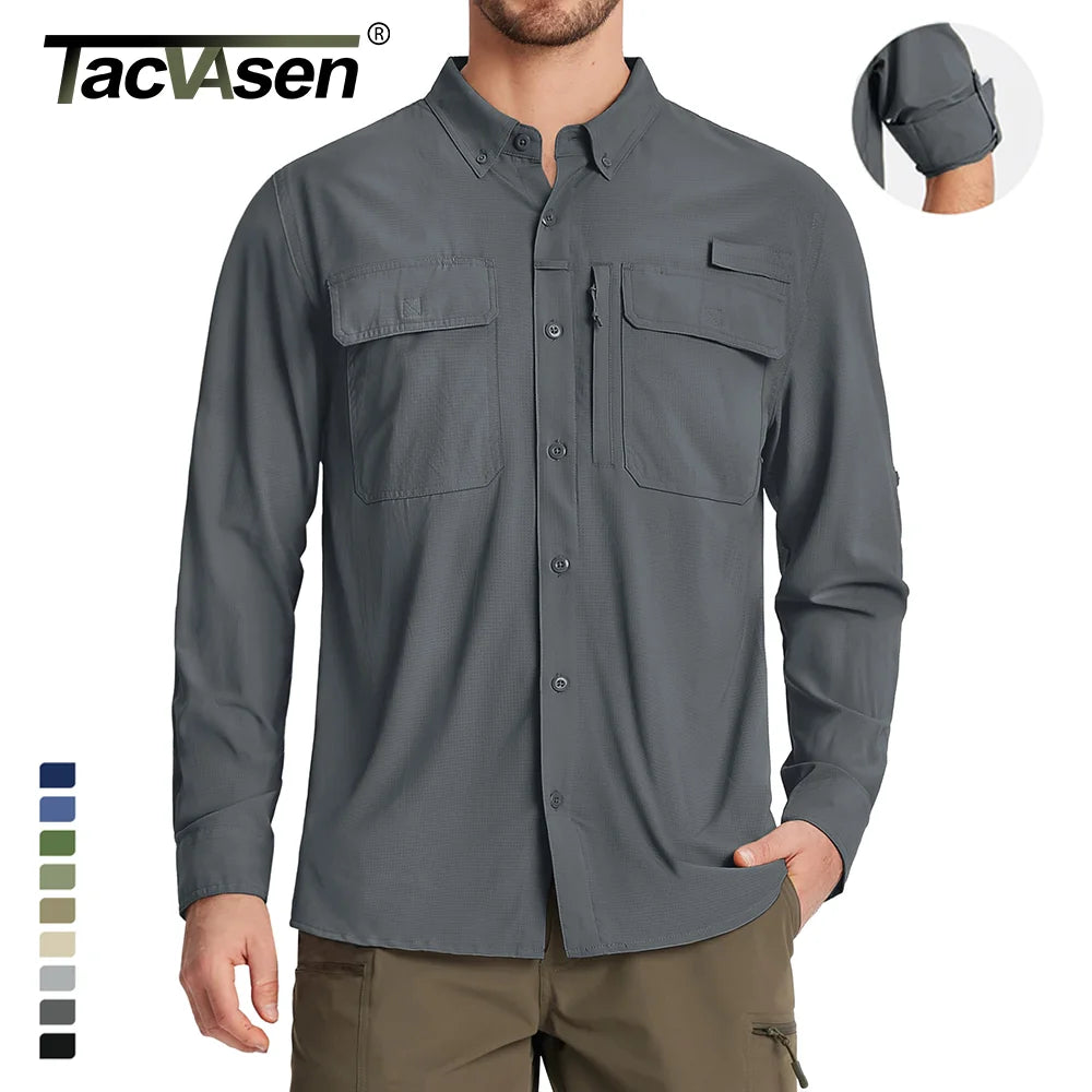 Men's tactical long sleeve shirt with multiple pockets, roll-up sleeves, and button-down design for outdoor and adventure wear