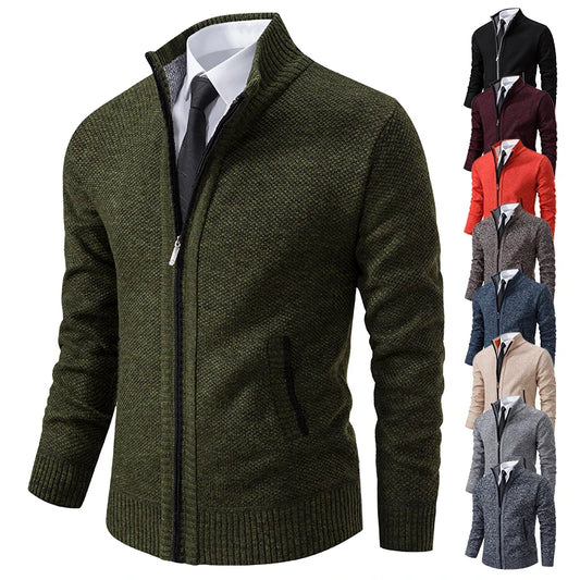 Men's Textured Knit Cardigan with Zipper Closure, Stand-Up Collar, and Ribbed Cuffs for a Smart Casual Look