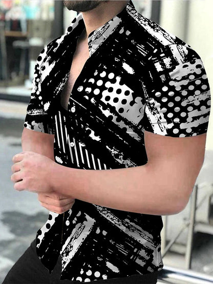 "Men's Short Sleeve Button-Up Shirt with Modern Geometric Print and Slim Fit Design"