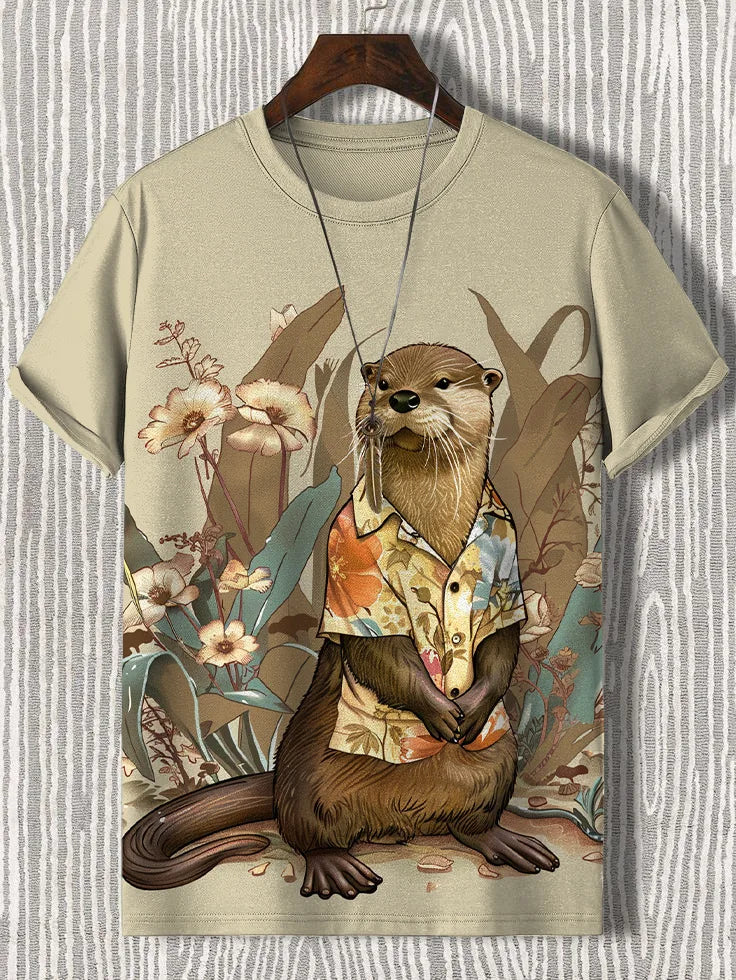 Men's Short Sleeve T-Shirt with Samurai Panda Graphic and Detailed Autumn Background Design