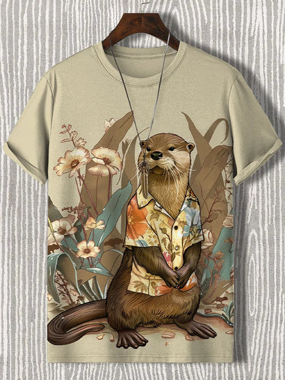 Men's Short Sleeve T-Shirt with Samurai Panda Graphic and Detailed Autumn Background Design