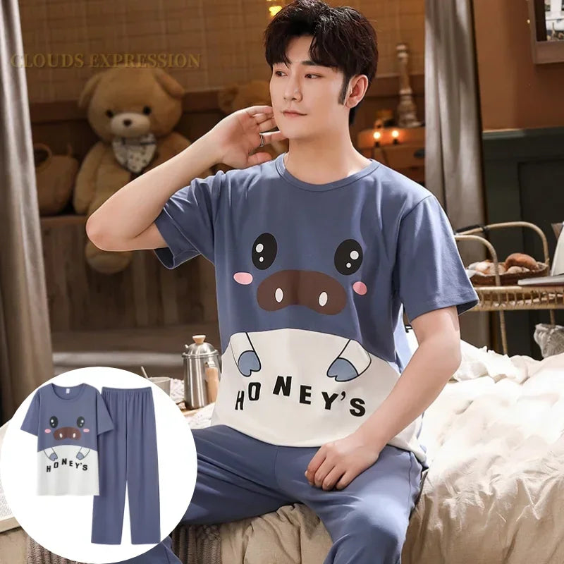 Men's Casual Short Sleeve T-Shirt with Chest Pocket Detail and Matching Plaid Lounge Pants Set for Relaxed Home Wear