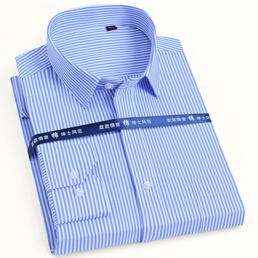 Men's Long Sleeve Striped Dress Shirt with Button-Down Front, Classic Turn-Down Collar, and Front Chest Pocket for Formal and Business Attire