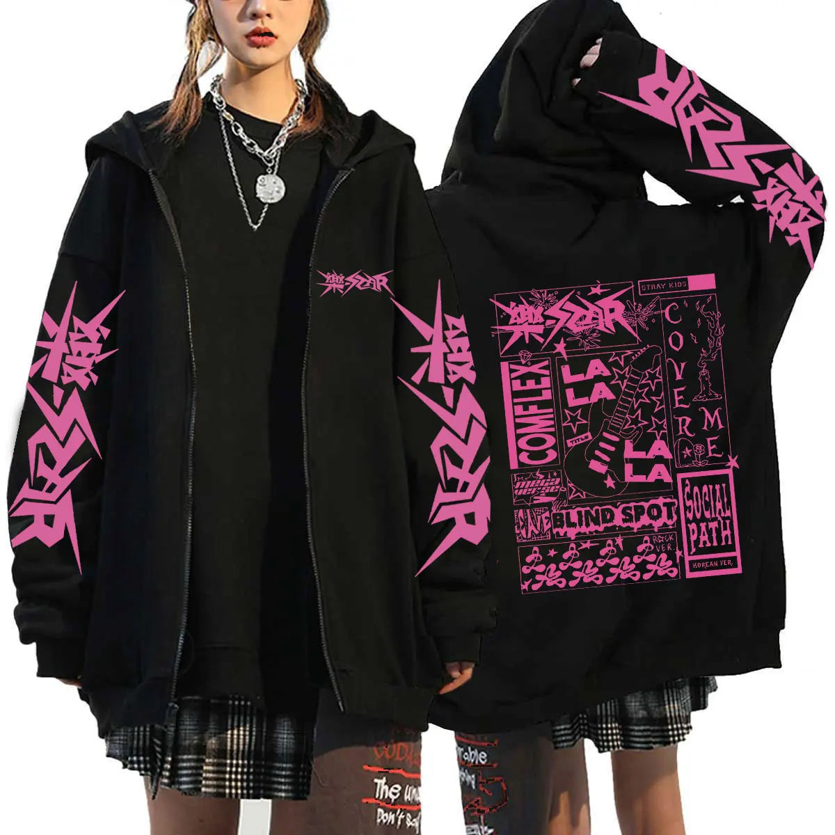 Unisex Streetwear Graphic Hoodie with Bold Arm and Back Designs, Full-Zip Closure, and Oversized Fit for a Trendy Look