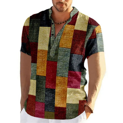 Men's short sleeve V-neck shirt with bold geometric patchwork design for a stylish and unique casual look