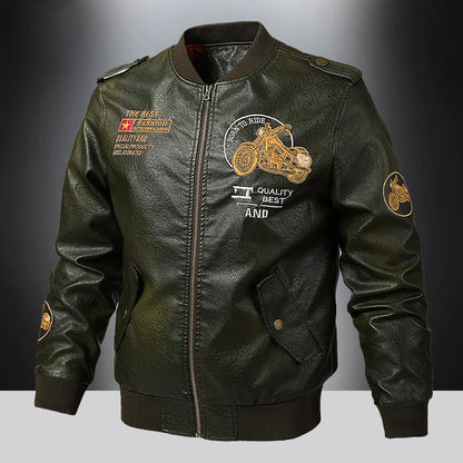 Men's Embroidered Faux Leather Bomber Jacket with Motorcycle Patches and Ribbed Cuffs