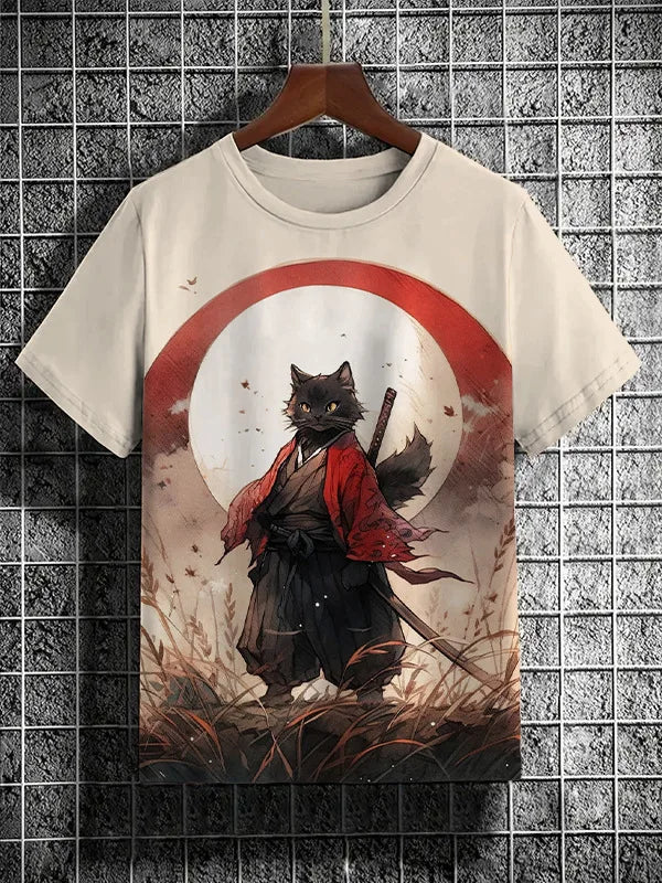 Men's Short Sleeve T-Shirt with Samurai Panda Graphic and Detailed Autumn Background Design