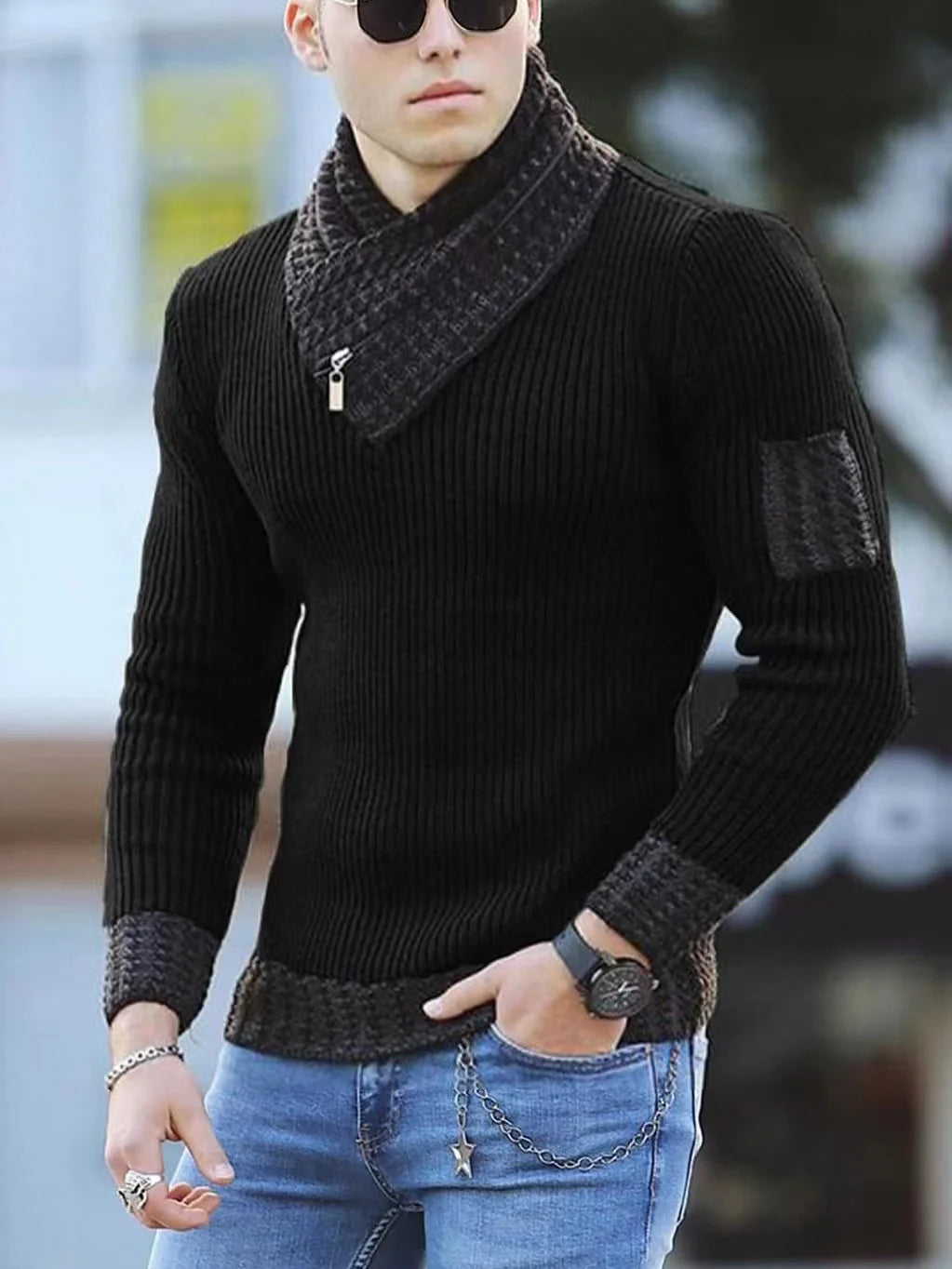 Men's Ribbed Knit Pullover with Asymmetrical Zippered Cowl Neck and Contrast Trim