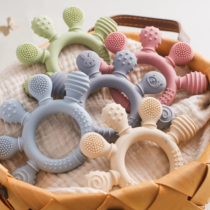 Textured Silicone Teething Rings for Babies with Various Patterns and Soft, Chewable Surfaces for Teething Relief and Sensory Development