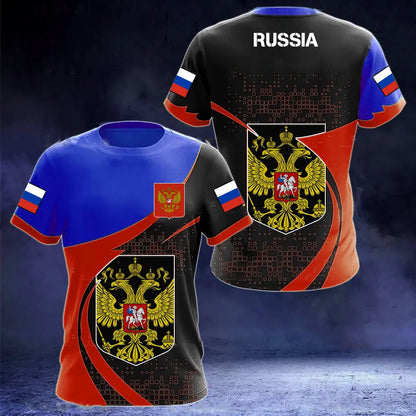 Men's Short Sleeve T-Shirt with Russian Coat of Arms and Flag Design, Customizable Name Option, and Military-Inspired Graphics