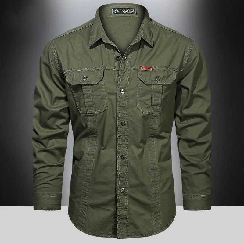 Men's Long Sleeve Tactical Shirt with Dual Chest Pockets and Button-Down Front, Designed for Outdoor and Casual Wear