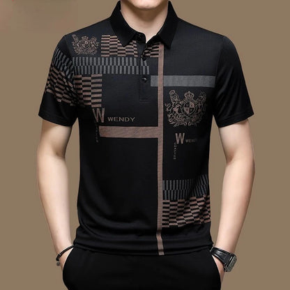 Men's Modern Graphic Pattern Polo Shirt with Button Collar and Short Sleeves