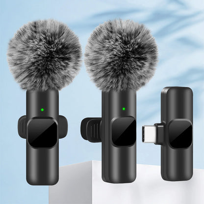 Wireless Lavalier Microphone Set with Furry Windshields and USB-C Receiver for Clear Audio Recording and Noise Reduction in Outdoor or Indoor Settings