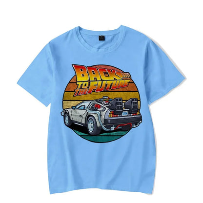 Men's Short Sleeve Retro Graphic T-Shirt Featuring Iconic Car Design and Nostalgic "Back to the Future" Theme