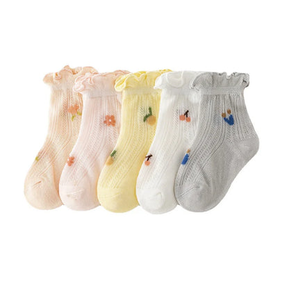 Set of Frilly Ankle Baby Socks with Delicate Embroidered Patterns